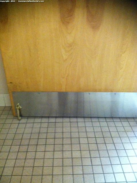 The restroom door has been cleaned , driver was wiped down with stainless steel , kick stand cleaned as well 