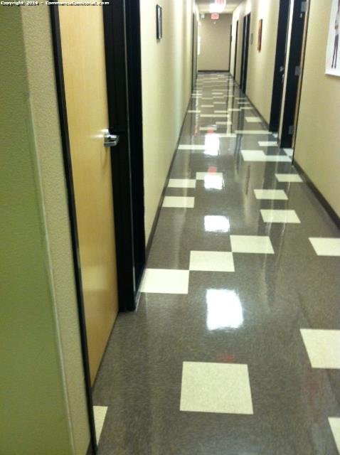 9-10-14 OPS MANAGER Guadalupe T. performed inspection.

Crew swept and machine scrubbed VCT floors and added floor wax.

Client will be happy.

Eva performed insection. 