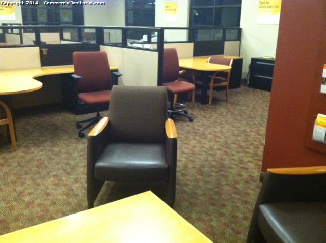 Lobby was cleaned all chairs were removed off of carpet to vacuum thoroughly , chairs and chair bases have been dusted 