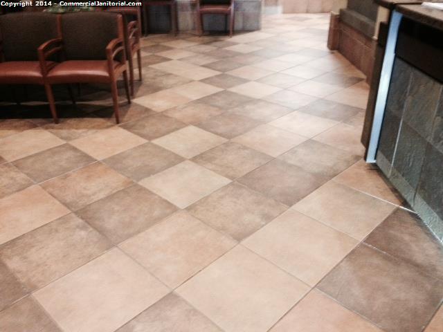 10/30- Eva G. performed inspection

The special projects team did a fantastic job of scrubbing tile and grout in large open area.

The tile appearence looks wonderful!!

Nice work Jorge and Mitch!!

The client will be super happy.

Eva G.