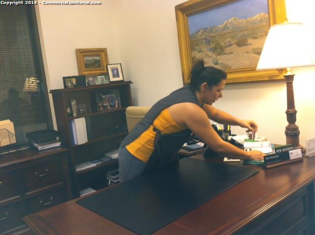 10/17/14 - Beatriz M. performed inspection.

Per client request, we are dusting around the personal effects of the managers office.

Here is the proof  :-)

Nice job Sandra!!

Beatriz M.