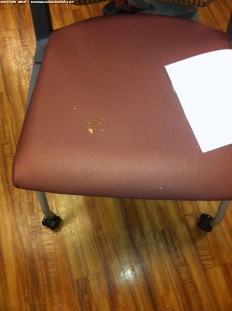 11/19-

Tina K. performed inspection at account.

The crew found this mustard spot on a chair this evening during routine inspection.  We are contacting our special projects team to come out with mini-extractor to get it out.

Client will be very happy with our work.

Nice work Angela!!

Tina K.
