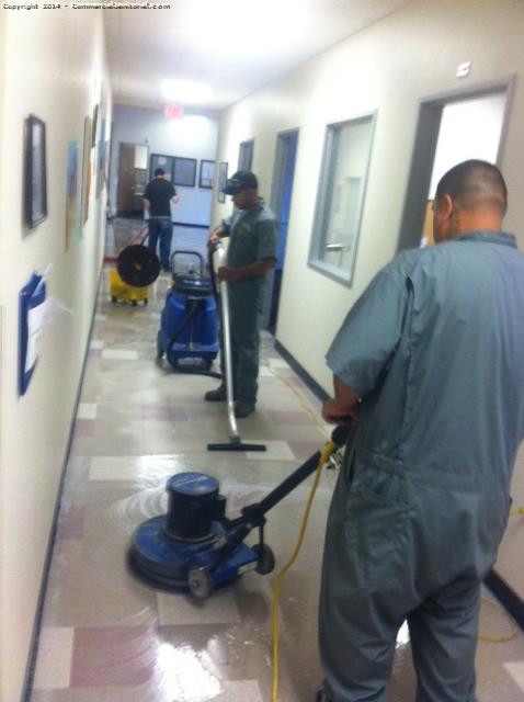 Here on site making sure floor crew is doing the right process on floor. They will be scrubbing all areas and stripping kitchen only. Due to floor condition . 