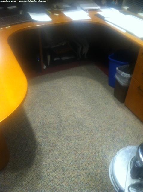 1. First office to left under desk came out great. 2. Second office to right large spot in front of entry came out great. 3. Conference room had spot next to trash can came out great. Every thing looks great floor crew finishing up back room. 