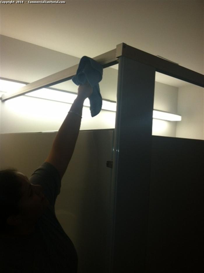 Our commercial staff uses disinfected solution to clean the roof in the restroom.