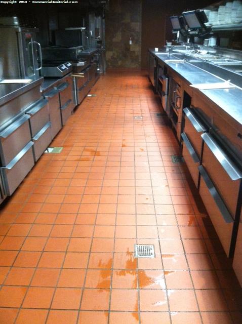 7-13-14
Cleaner/Eulalia 
Cleaner present during inspection 

Kitchen floors were scrubbed and degreased.
Mats were scrubbed and rinsed outside.
