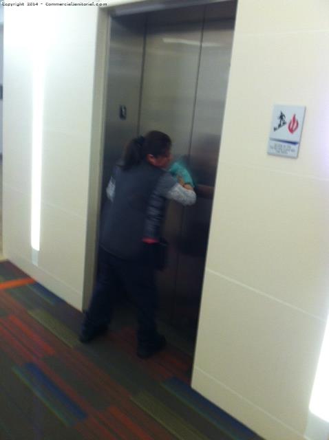 The elevator had been completely cleaned and disinfected , the inside of it was swept and mopped , walls cleaned 