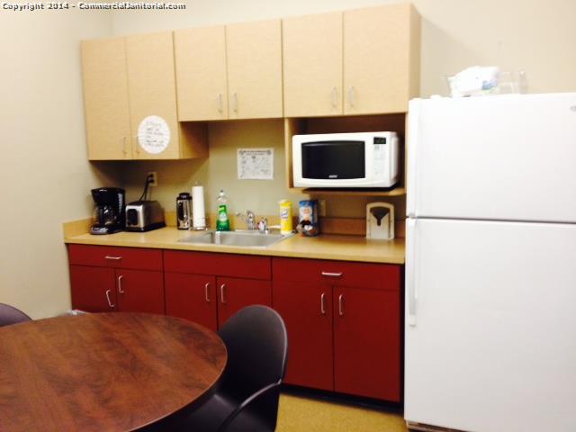 Break room was cleaned , all appliances were wiped down , chairs clean and tables were wiped. 