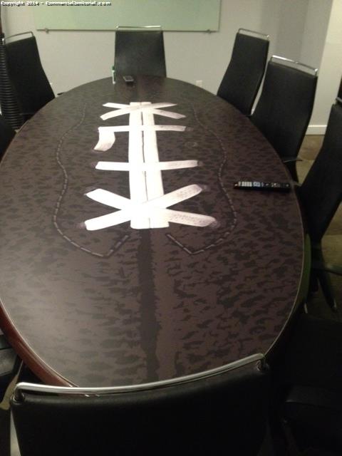 7/21/14 Gabby performed inspection:

Conference table dusted and we applied leather conditioner to the table.

Turned out great. 
Client will be thrilled.

Jessie R.
