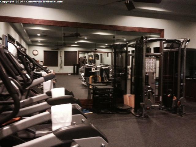 Gym Area Dust on shelves Dust bunnies, water bottles underneath of equipment Need to detail the floor edges Mirror need whole squeegee Cleaner fixed all problems to satisfy Client 