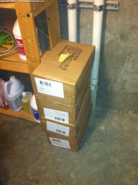 Boxes of floor finish that will be used when we wash and wax the floors. 