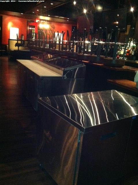 Everything in the bar area was cleaned all chairs were lifted  in order to do a deep scrubbing on floors 